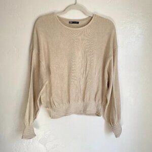 Zara Ribbed Knit Smocked Slouchy Long Sleeve Top Size Small